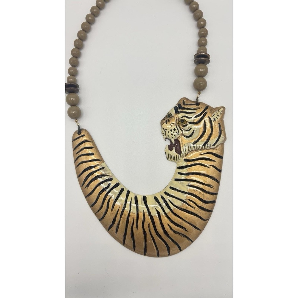 Huge Vintage Hand Painted Tiger Statement Necklace - Picture 4 of 7